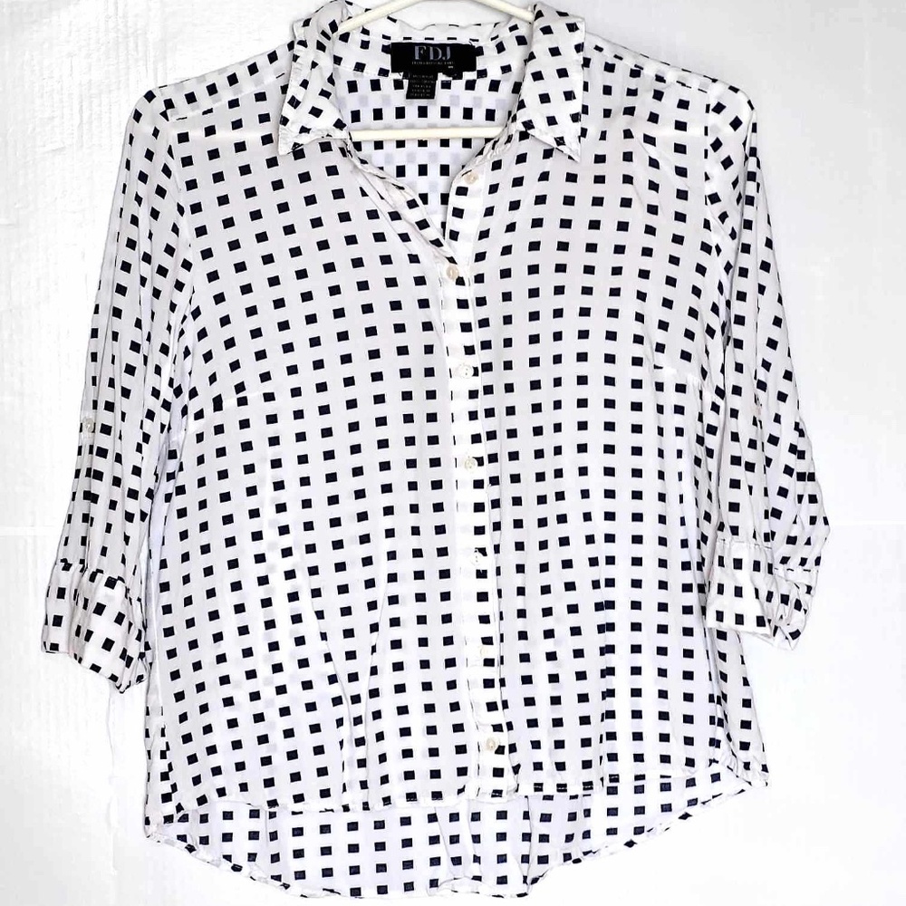 FDJ French Dressing Jeans White & Navy Cubic Print 3/4 Roll Sleeve Blouse size 8